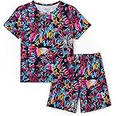 PATPAT Boys Pajamas Sets Short Sleeve T-Shirt and Shorts 2-Piece Sleepwear Graffiti Print Summer Loungewear for Kids