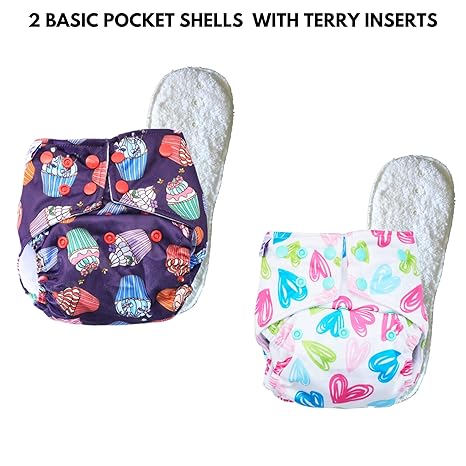 superbottoms Basic Certified Soft Fleece Lined Adjustable Pocket Diapers with 2 Wet-Free Inserts with Snaps (One Size, 4 Sizes in 1, 5-17 kg) - Pack of 2