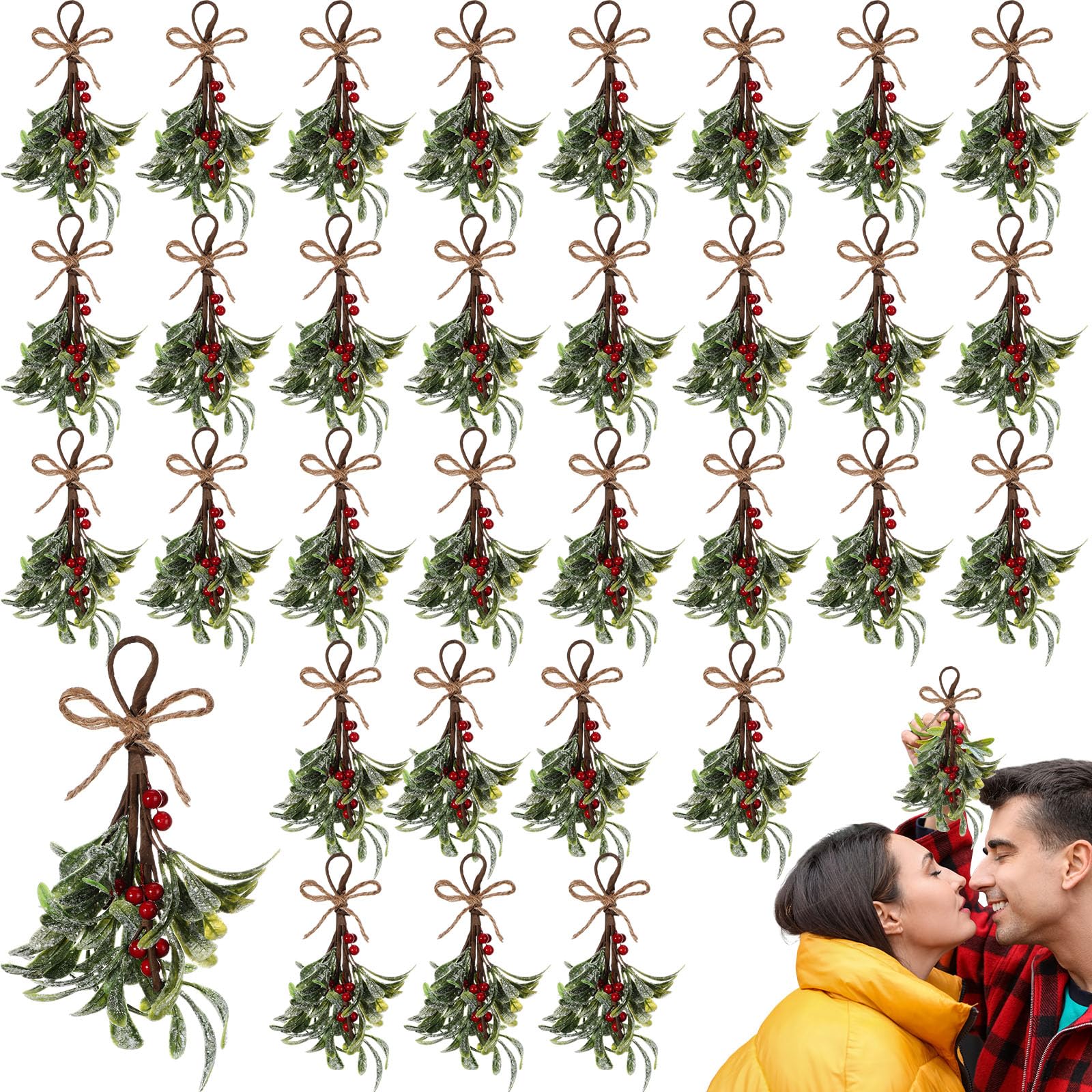 Photo 1 of Knitgrip 32 Pcs Christmas Mistletoe Decor Artificial Mistletoe Picks Snowy Berry Branches 8.66 Inch Hanging Ornament Glitter Rustic Christmas Tree Decorations