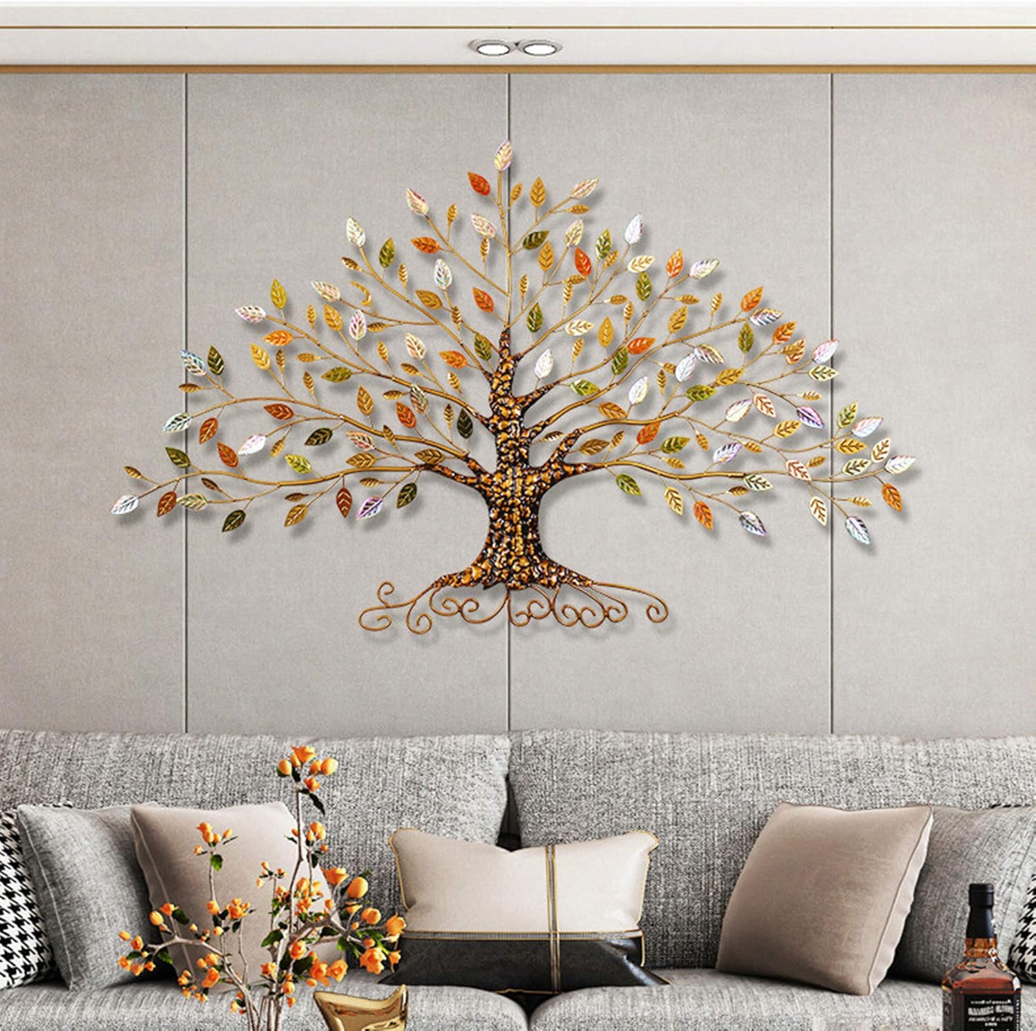 FMXYMC Metal Wall Decoration, Tree of Life with Gold/Green/Crystal