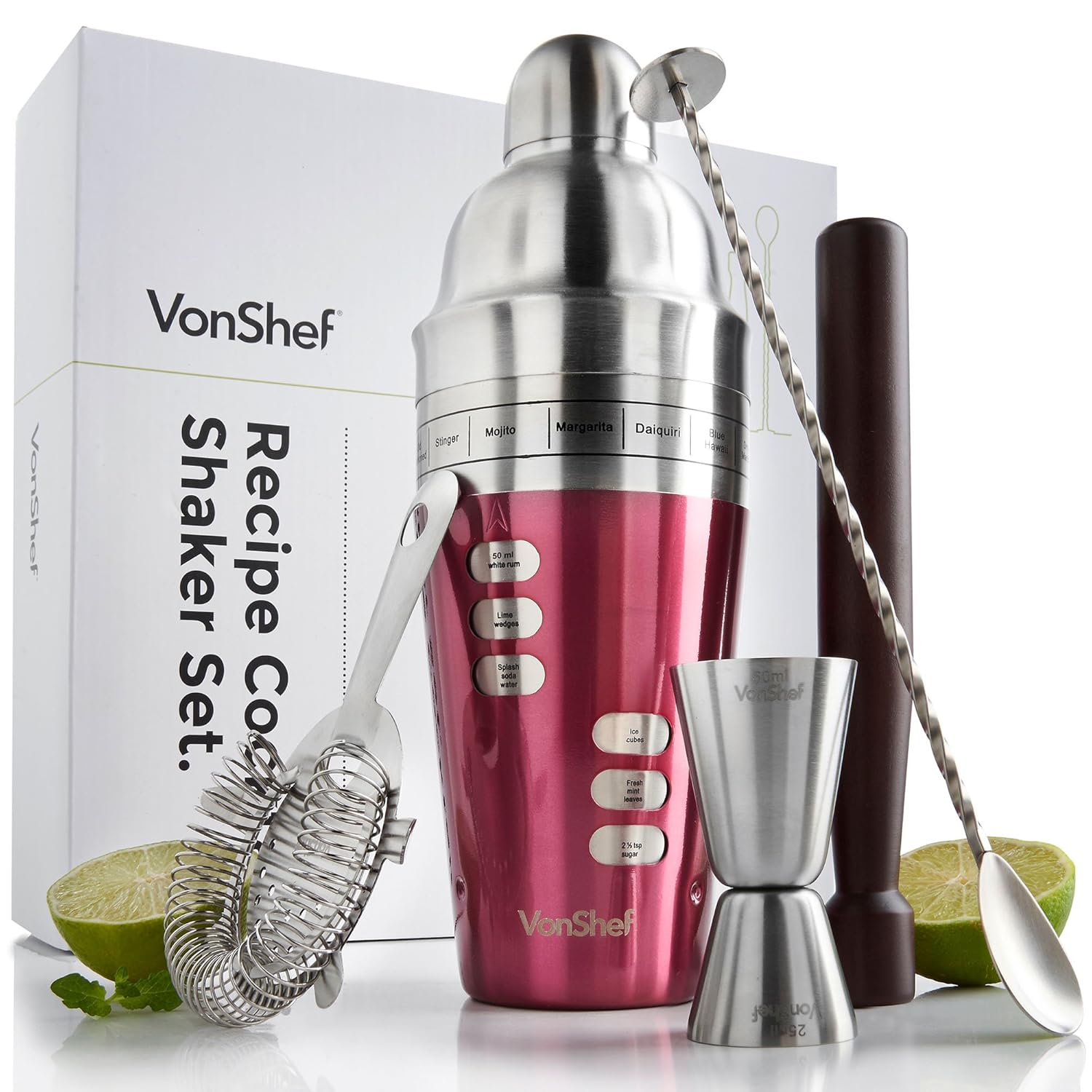 VonShef Luxury Red Cocktail Shaker Set with Menu 15 Recipe Ingredients