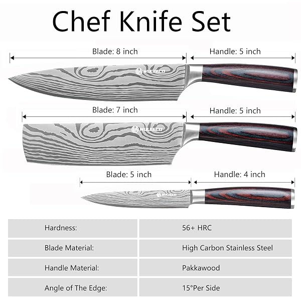 WULEECO KNIFE SET KITCHEN KNIVES – HIGH CARBON STAINLESS STEEL PROFESSIONAL CHEF KNIFE SET OF 3 – RAZOR SHARP JAPANESE COOKING KNIFE, MULTIPURPOSE KITCHEN KNIFE WITH WOODEN HANDLE, PREMIUM GIFT BOX