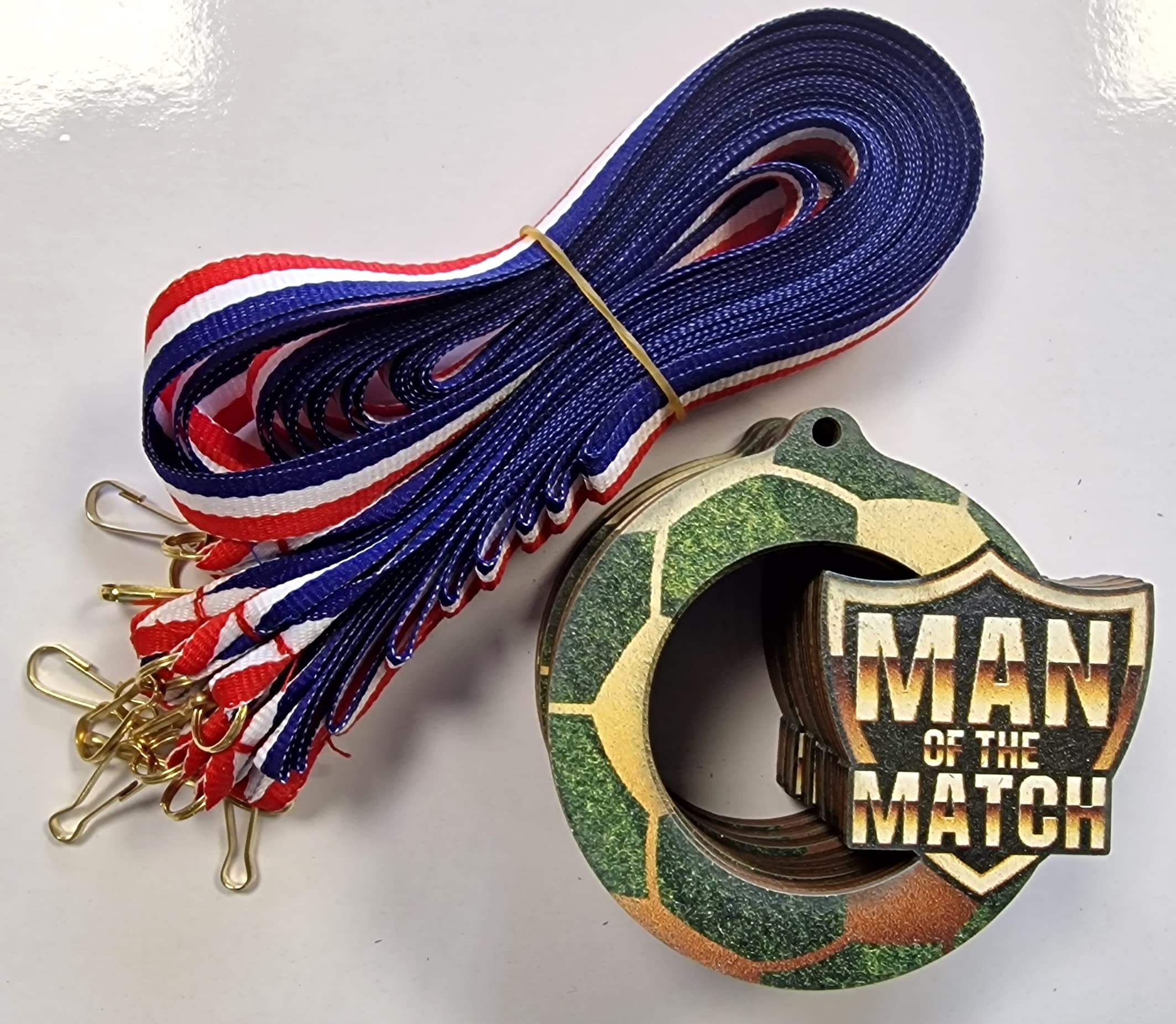 Trophy Monster Pack of 10x Eco Friendly Wooden Football Man of The Match Medals with Ribbons Size 60mm | Made from Sustainable Printed 4mm Thick Birch Plywood