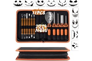 Halloween Pumpkin Carving Kit with 10 Stencils, ENVEL 11 Pcs Professional Stainless-Steel Pumpkin Pottery Sculpture Modeling Tools Set Heavy-Duty Steel Cutting Easily for Art Crafts, Adults