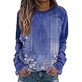 Womens Fall Fashion 2024 Floral Print Crewneck Vintage Sweatshirts Long Sleeve Plus Size Loose Fit Sweater Clothing