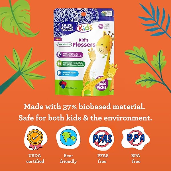 GURUNANDA DENTAL FLOSS PICKS FOR KIDS, EXTRA-LONG GIRAFFE-SHAPED PICKS, FLUORIDE-FREE, ANTI-SLIP & SHRED-RESISTANT DESIGN & ECO-FRIENDLY HANDLE & BERRY FLAVOR, IDEAL FOR AGES 3+, 90 COUNT (PACK OF 1)
