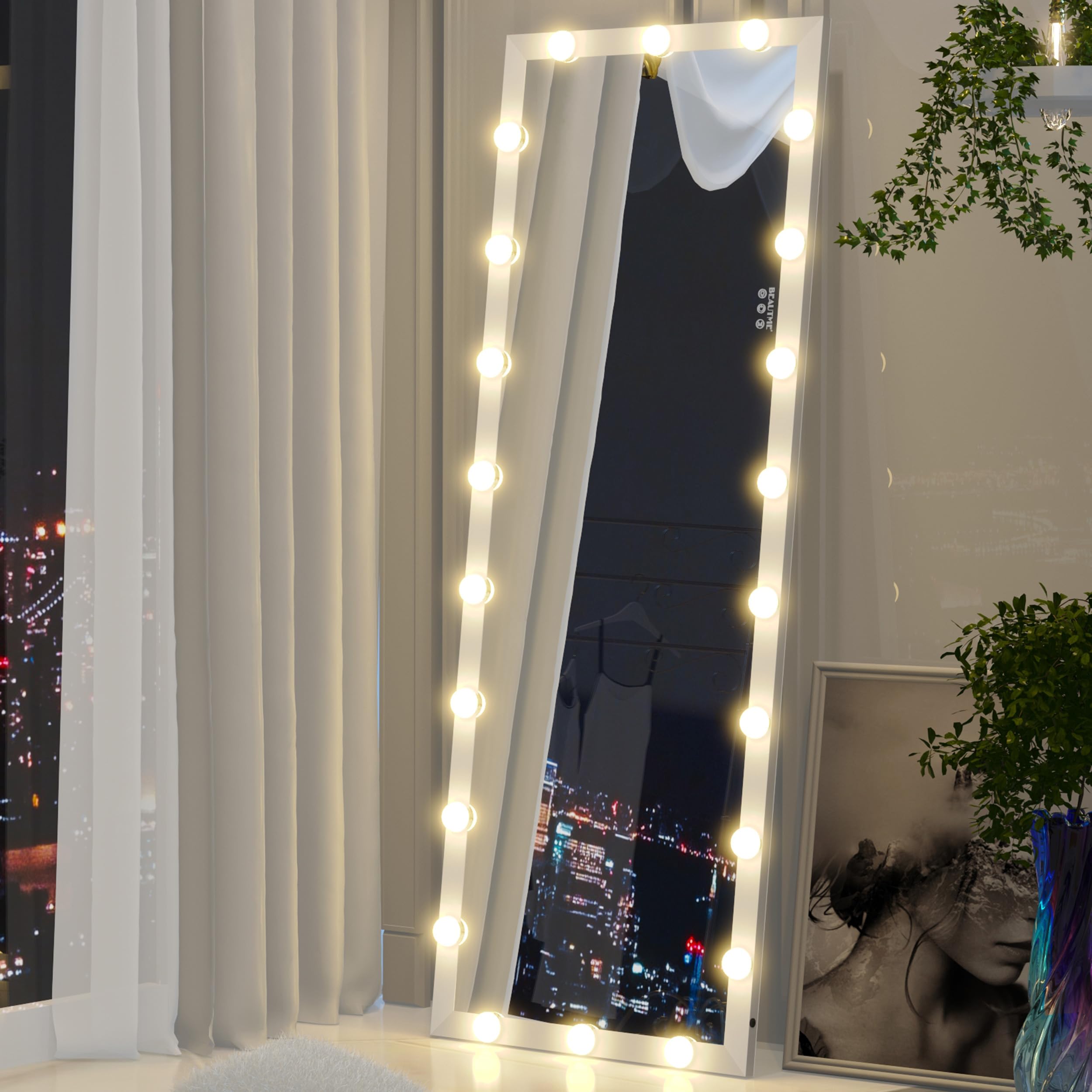 Photo 1 of ANYHI Full Body Mirror with Lights, 62.6 x 23.3 Inch Free Standing Floor Mirror with 22 Dimmable Bulbs, LED Full Length mirror with Lights, Large Tall Mirror with Aluminum Frame, 3 Color Modes (White)