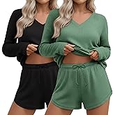 Yearntown 2 Pack Women's Waffle Knit Lounge Sets Long Sleeve V Neck Pajama Sets Tops and Shorts Loungewear with Pockets