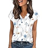 Zeagoo Women Silk Satin Tops Cap Short Sleeve Blouse V Neck Shirts Business Casual Outfits S-2XL