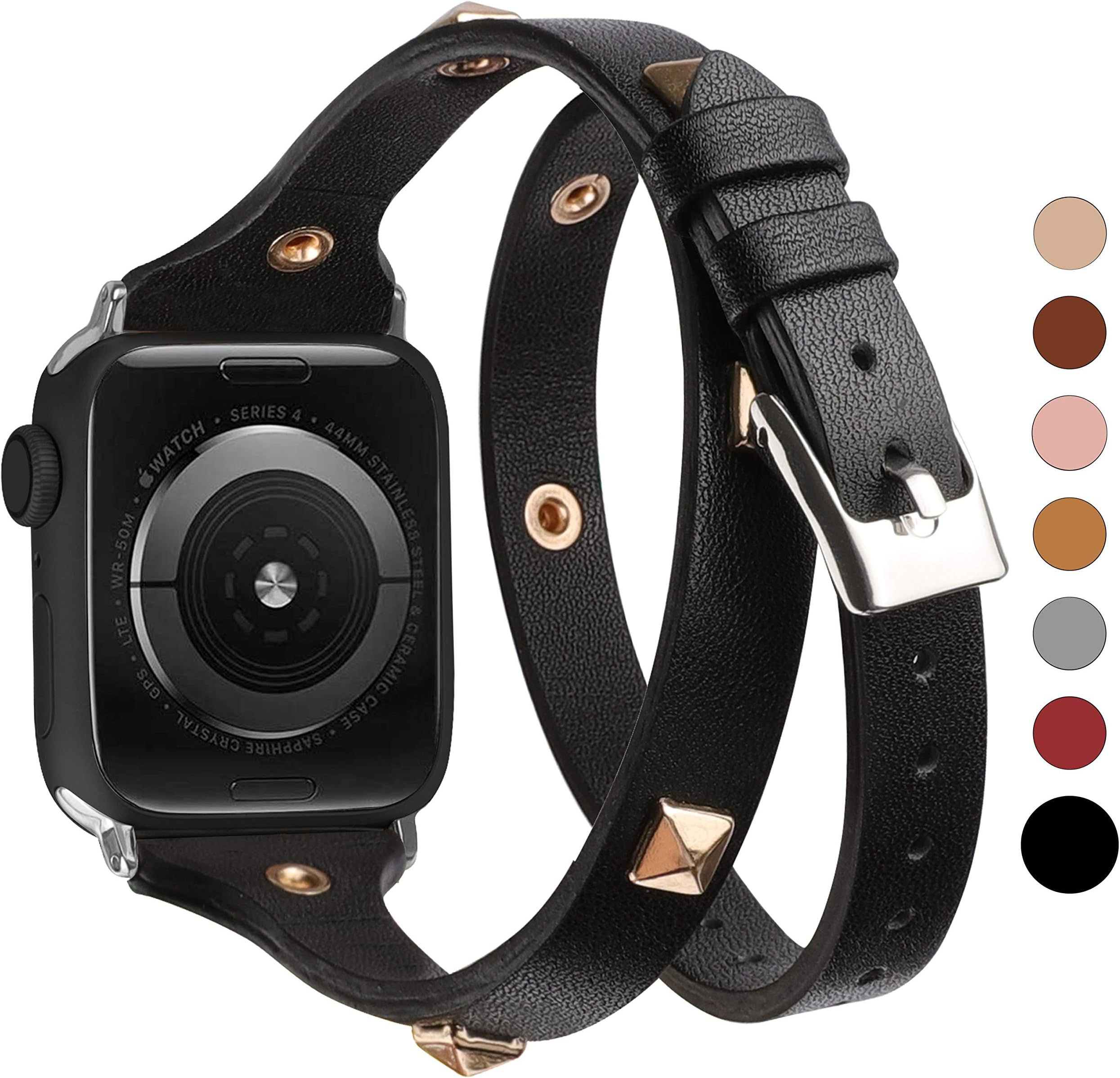 Glebo Leather Double Wrap Band Compatible for Apple Watch 38mm 40mm 42mm 44mm,Studded with Rivet Watch Bands Strap Compatible for iWatch Series 4 Series 3 Series 2 Series 1