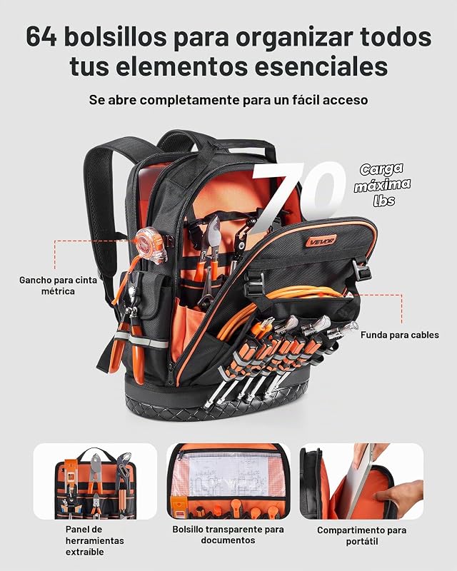 Mochila para Herramientas, Mochila de Trabajo 365 x 195 x 470 mm con 64 Bolsillos, Compartimento para Portátil y Base Moldeada, Organizador de Herramientas para Electricistas, Reparadores