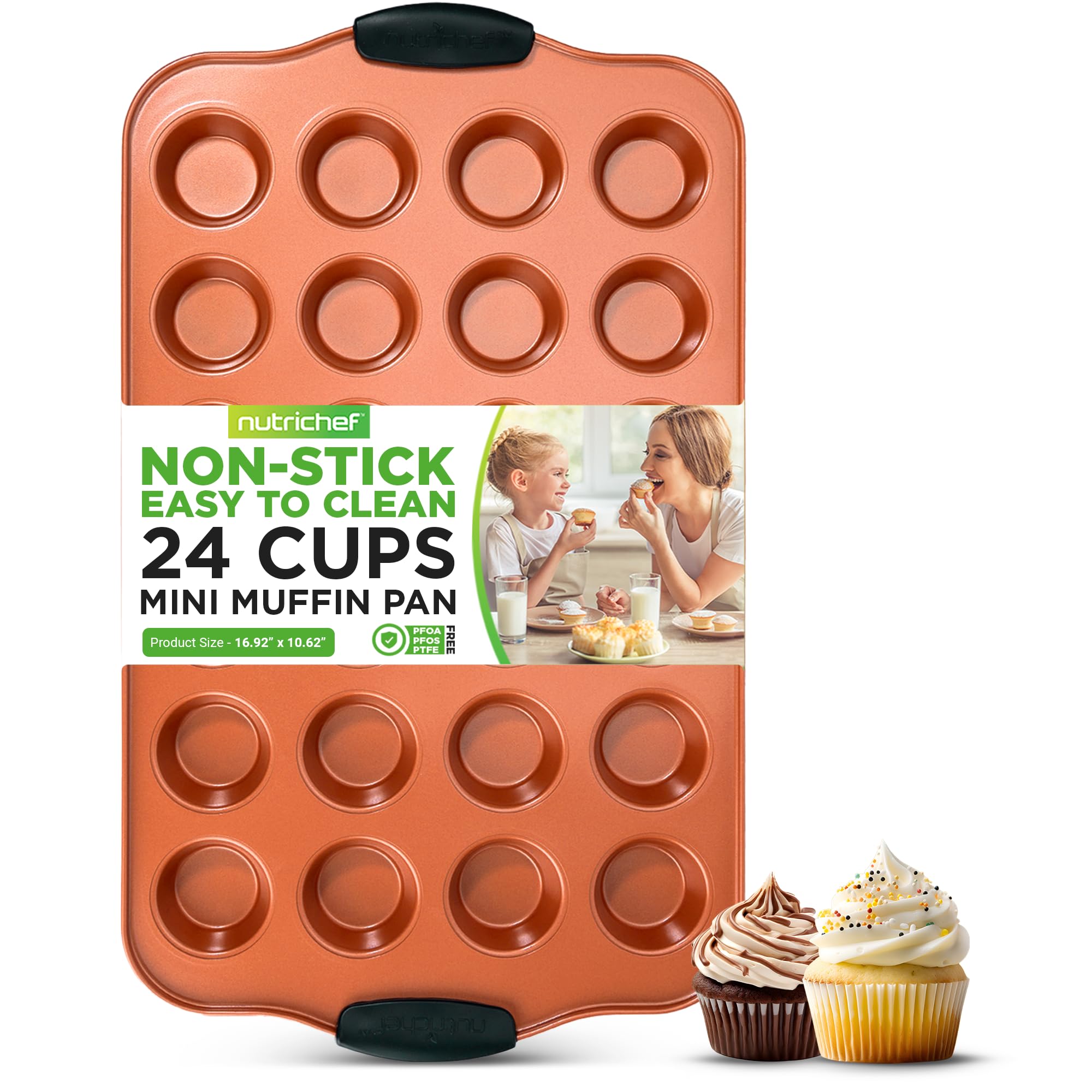 Photo 1 of NutriChef 24-Cup Nonstick Mini Muffin Pan - Heavy Duty Carbon Steel Bakeware Tray with Red Silicone Handles - Bake Mini Cupcakes, Muffins, & Savory Treats - 16" x 10", Copper