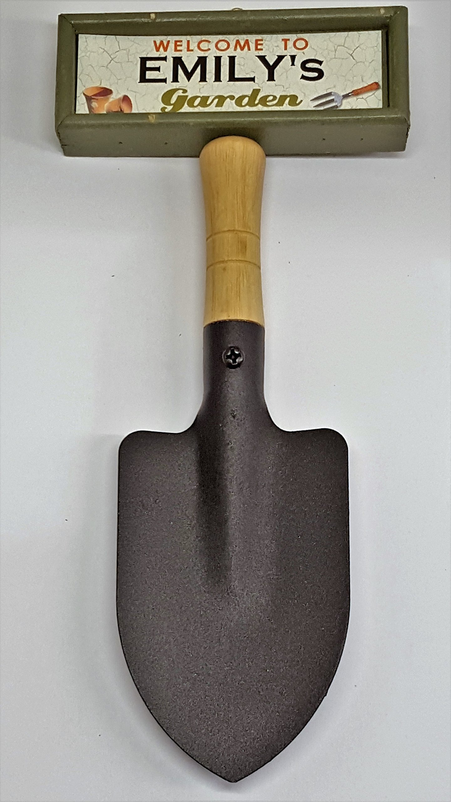 "Welcome to Emily's garden" hanging shovel sign