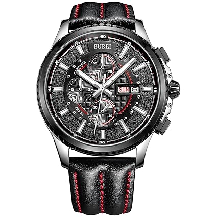 BUREI® Mens Luminous Chronograph Day and Date Watch with Black Calfskin Band, Black Bezel Black Dial