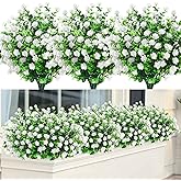 GREENRAIN Artificial Flowers Outdoor Fake Flowers for Decoration UV Resistant No Fade Faux Plastic Plants Garden Porch Window Box Décor (18 Bundles, 4#White)