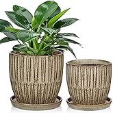 Oairse Ceramic Pots for Indoor Plants, 4.7 +5.7 inch Pots for Plants Set of 2 Brown Plant Pots with Drainage Holes and Saucers Texture Ceramic Planters Indoor Outdoor Flower Pot for Succulent