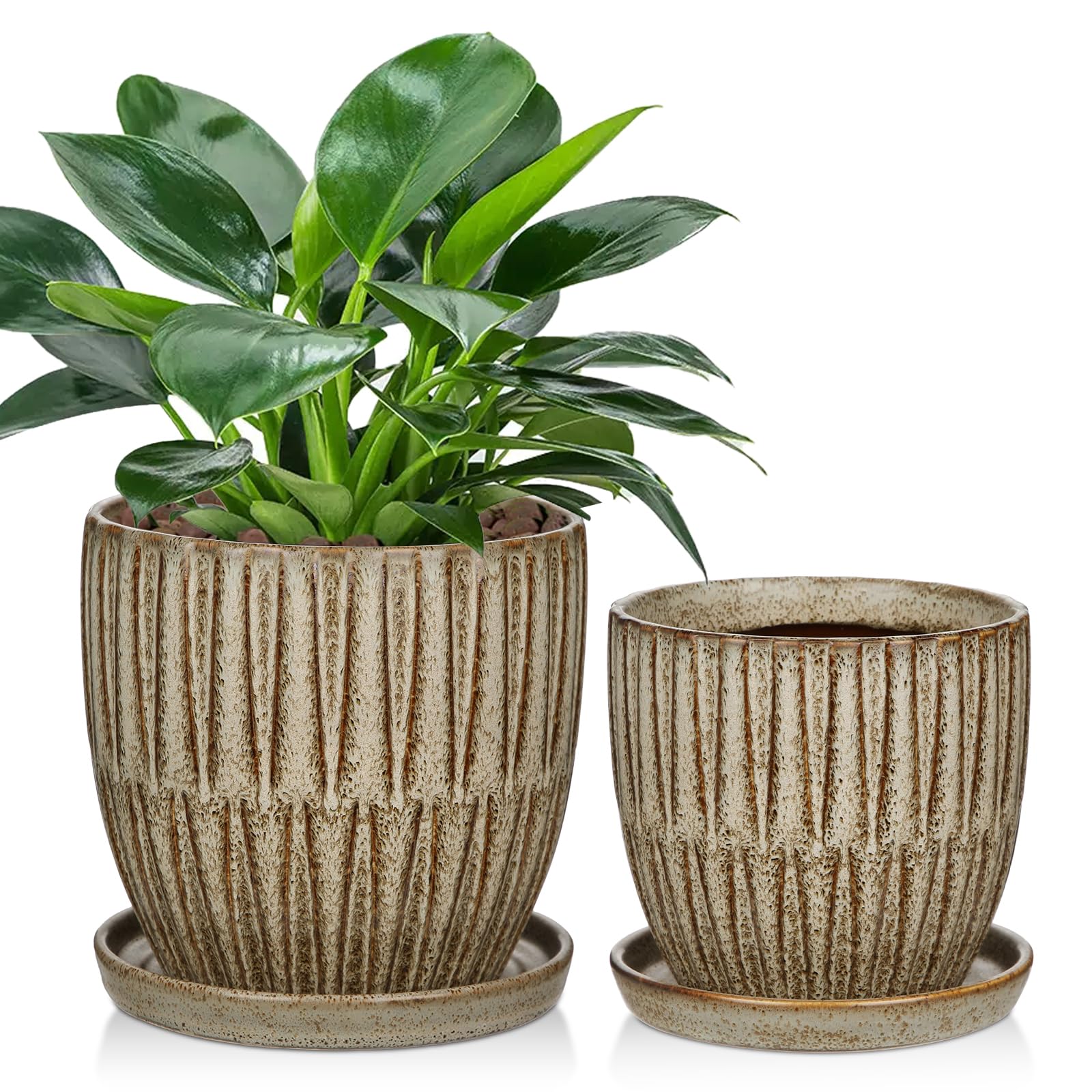 Photo 1 of Oairse Ceramic Pots for Indoor Plants, 4.7 +5.7 inch Pots for Plants Set of 2 Brown Plant Pots with Drainage Holes and Saucers Texture Ceramic Planters Indoor Outdoor Flower Pot for Succulent