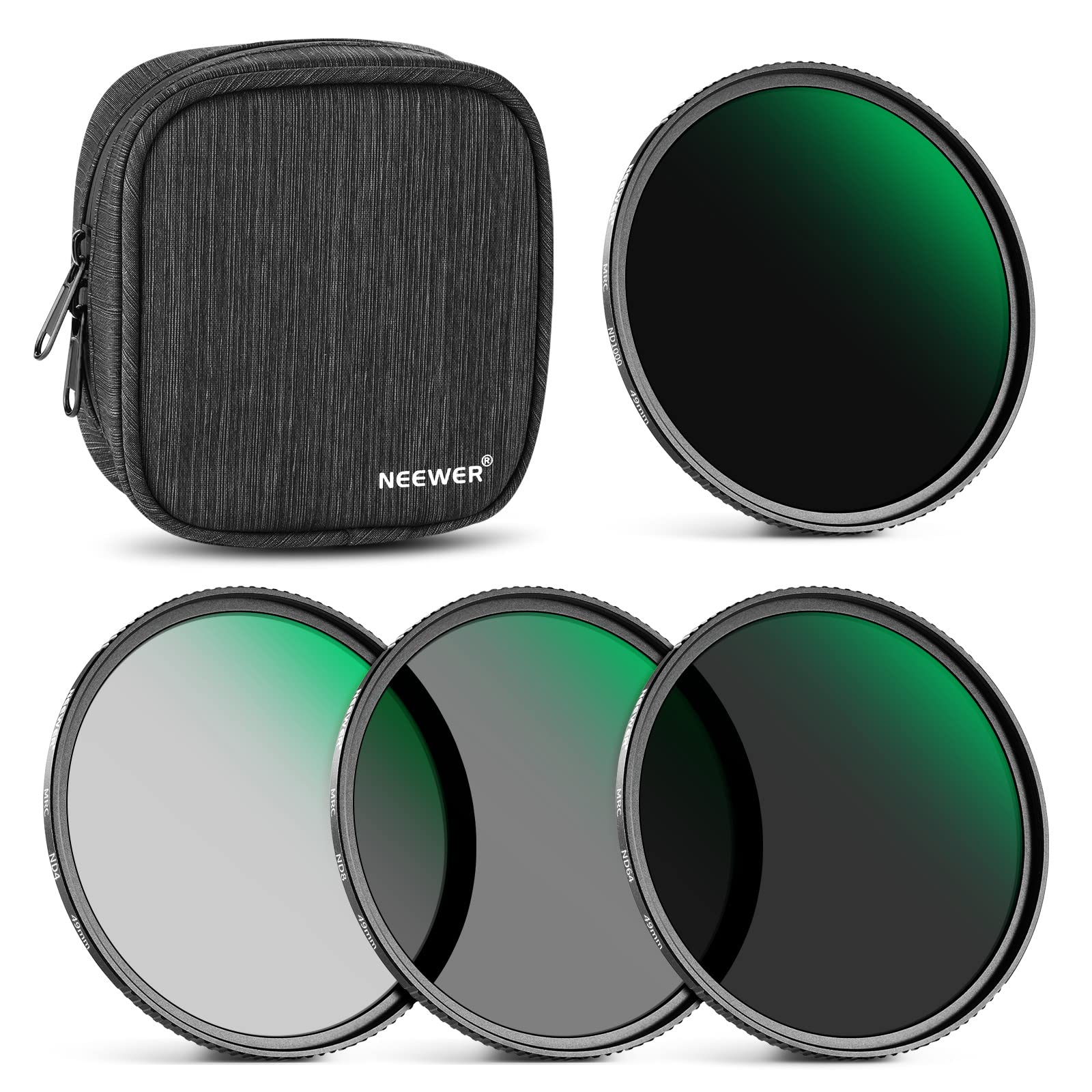 Neewer 49mm Fixed ND Filter Kit ND1000 ND64 ND8 ND4 Neutral Density Filter Set Double Sided 30 Layer Nano Coated/HD Optical Glass/Ultra Slim/Water Repellent/Scratch Resistant/Waterproof Filter Pouch