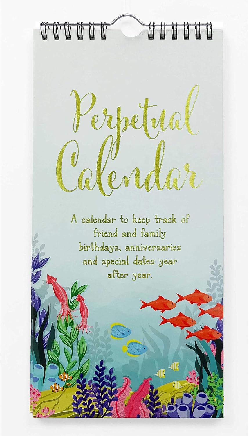 Inkdotpot Aquatic Perpetual Calendar Birthday Wall Hanging Anniversary Special Event Reminder Gold Foil Print Calendar Book Journal Stationary Wall Hanging Birthday Gift Card Planner Organizer