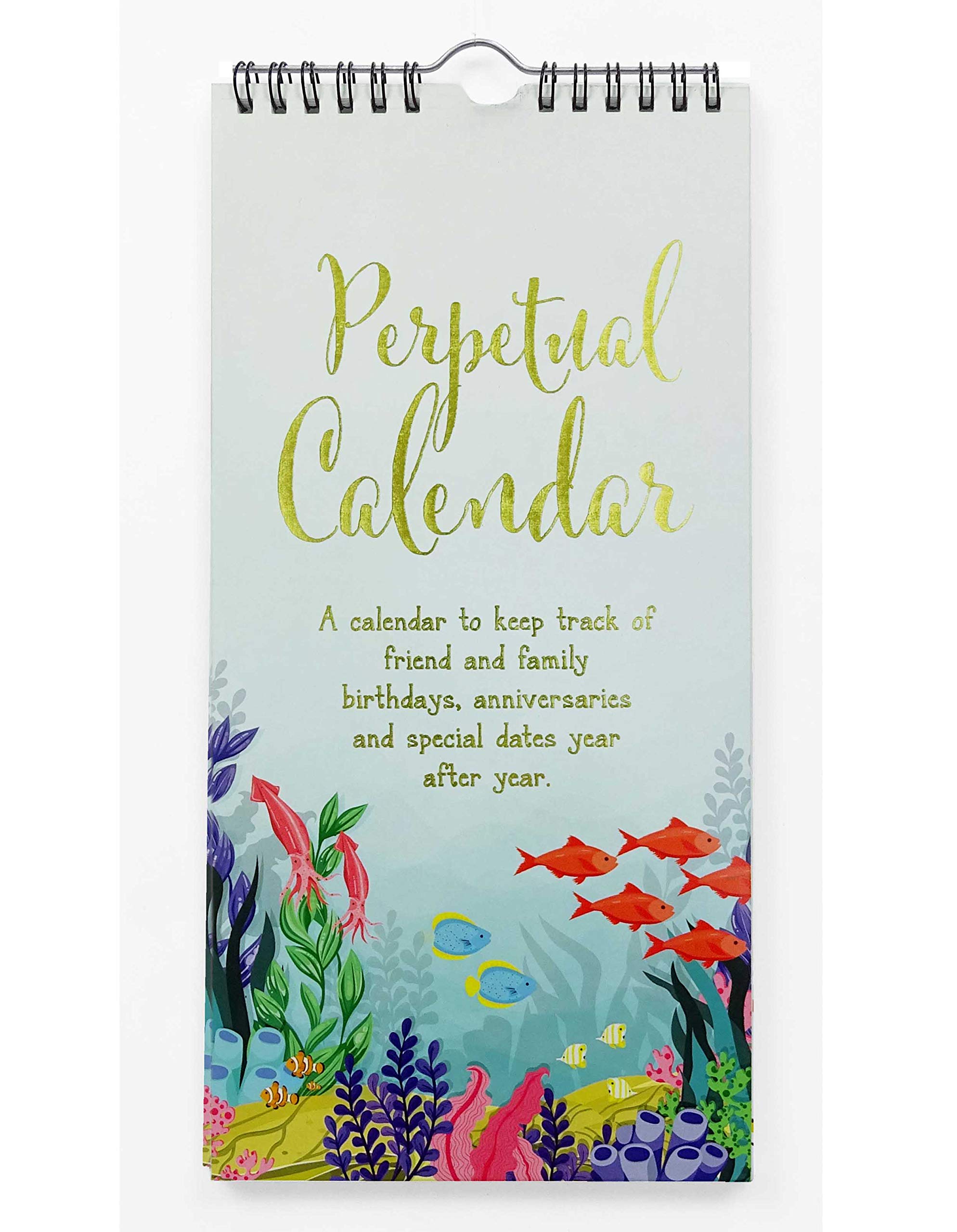 Inkdotpot Aquatic Perpetual Calendar Birthday Wall Hanging Anniversary Special Event Reminder Gold Foil Print Calendar Book Journal Stationary Wall Hanging Birthday Gift Card Planner Organizer