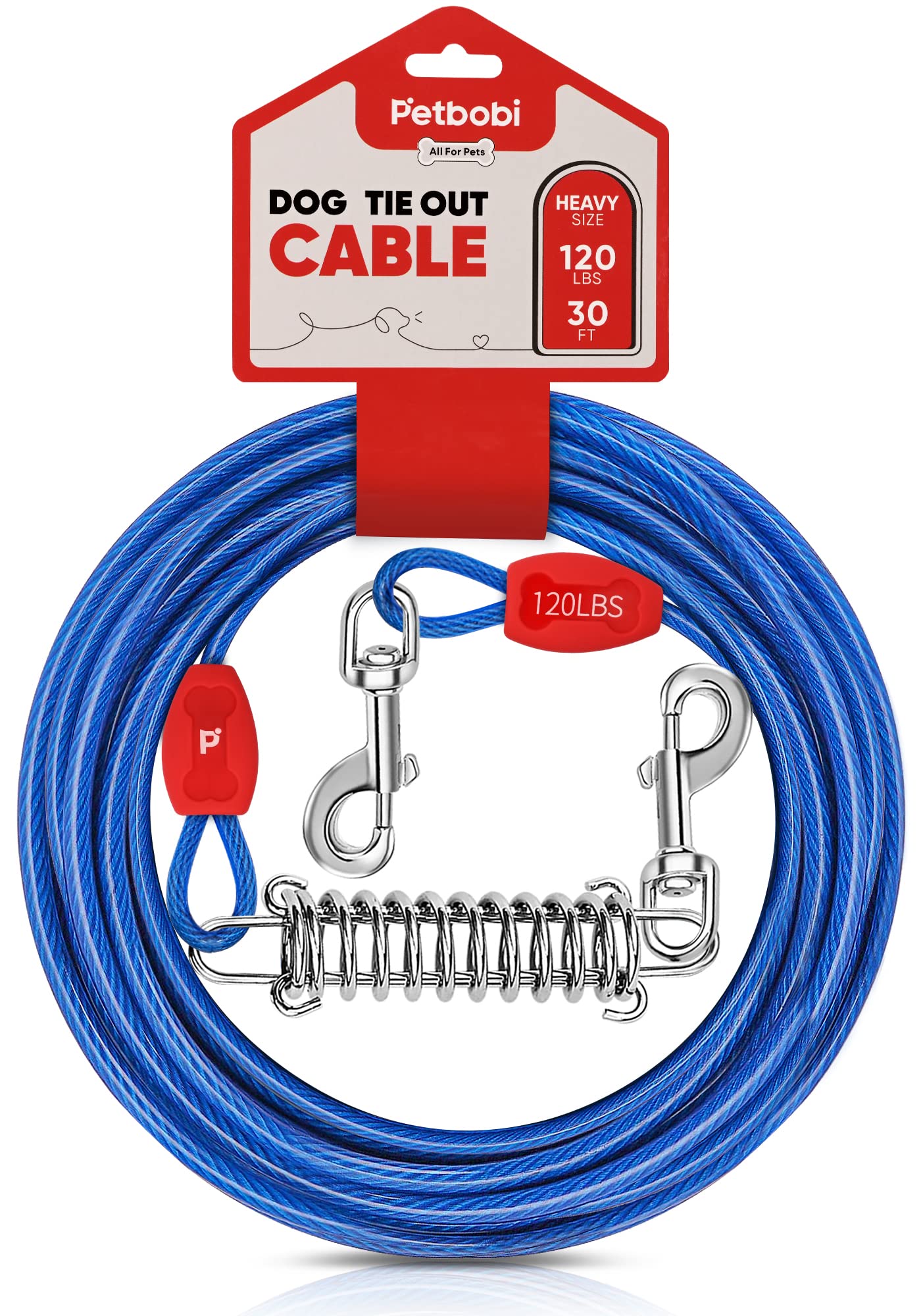 Petbobi Dog Tie-Out Cable 30ft - Outdoor Leash Metal Cable with Shock Absorbing Spring 360° Swivel Clips, Chain for Dogs Yard Camping, Fit Small Medium Large Pets Up to 120lbs, Blue