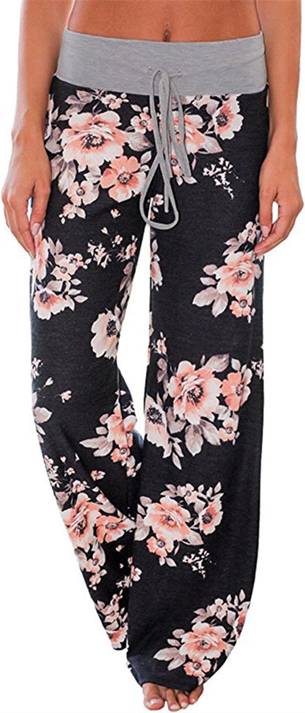 Women's Comfy Drawstring Stretch Floral Print Long Wide Leg Lounge Pants