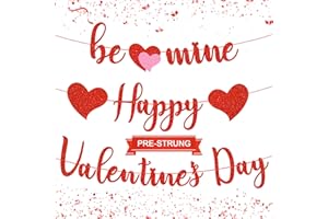 Gifloon Happy Valentines Day Banner, Pre-strung Be Mine Banner for Valentine's Day Decorations, Red Giltter Valentines Party Decor with Heart