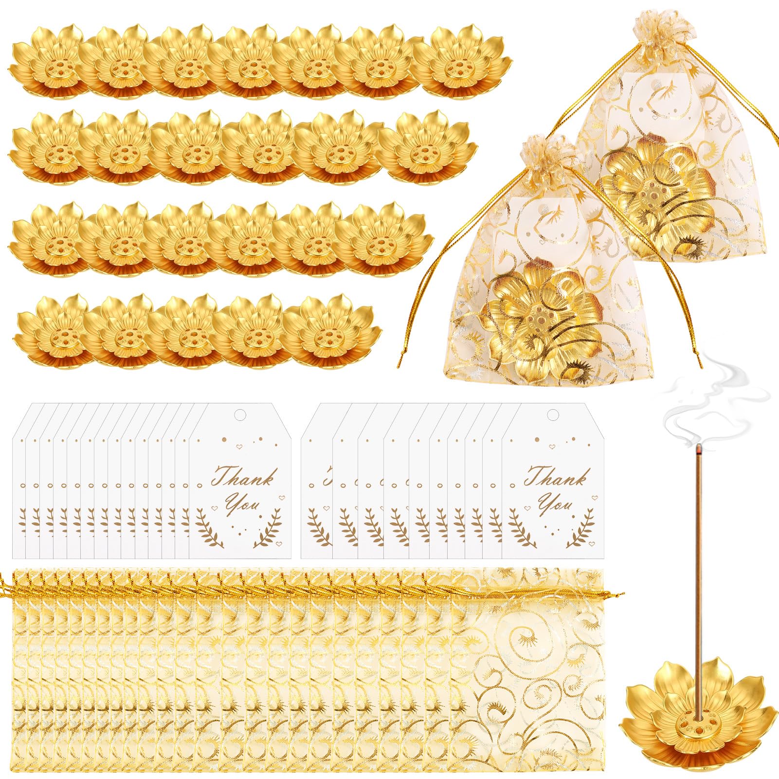 View 1 of 72 Pack Diwali Gifts Bulk, Lotus Incense Holder, Indian Return Gifts for Pooja Bulk, Gold Lotus Incense Sticks Holder with Organza Bags & Thank You Cards, Indian Return Gift (72 Pack)
