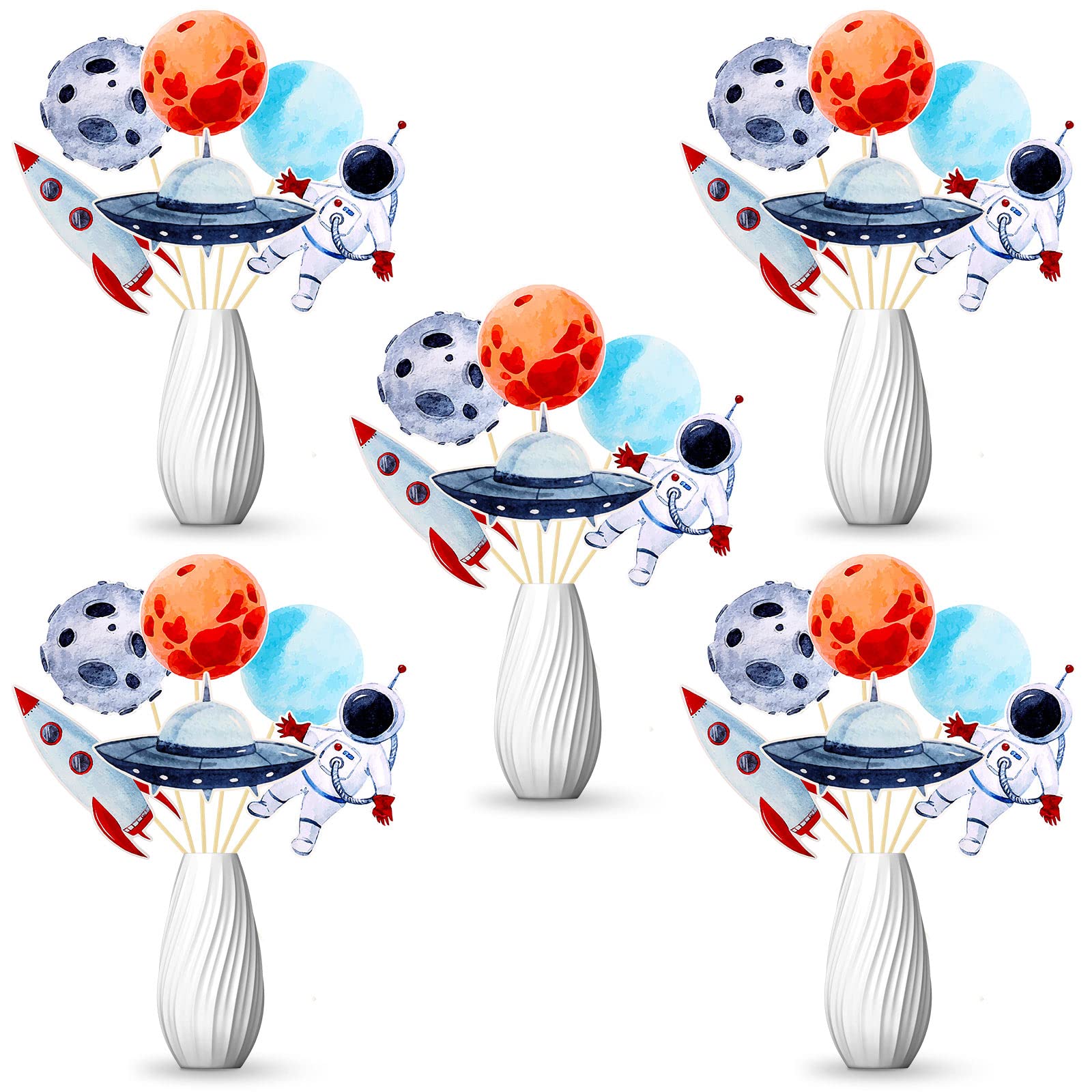 Photo 1 of 24 Pcs Space Cake Toppers Outer Space Centerpiece Sticks First Trip Around The Sun Cake Topper Astronaut Rocket Planet Cupcake Table Toppers for Kids Boys Baby Shower Birthday Party Photo Backdrop