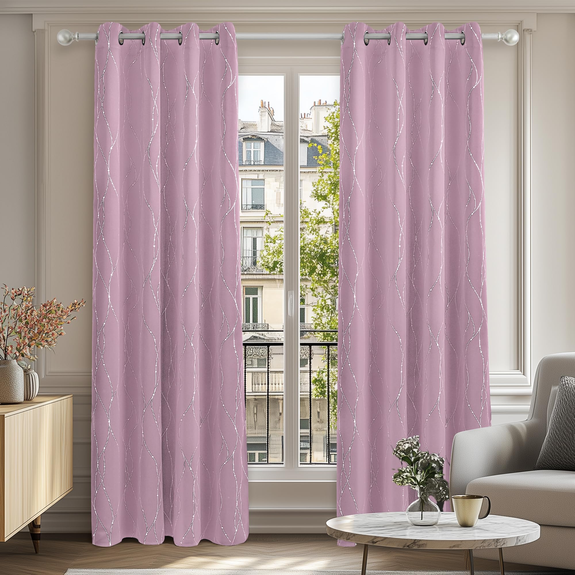 Deconovo Dotted Lines Sliver Foil Curtains Kids Thermal Insulated Blackout Curtains Eyelet Curtains for Bedroom 55 x 114 Inch Light Pink