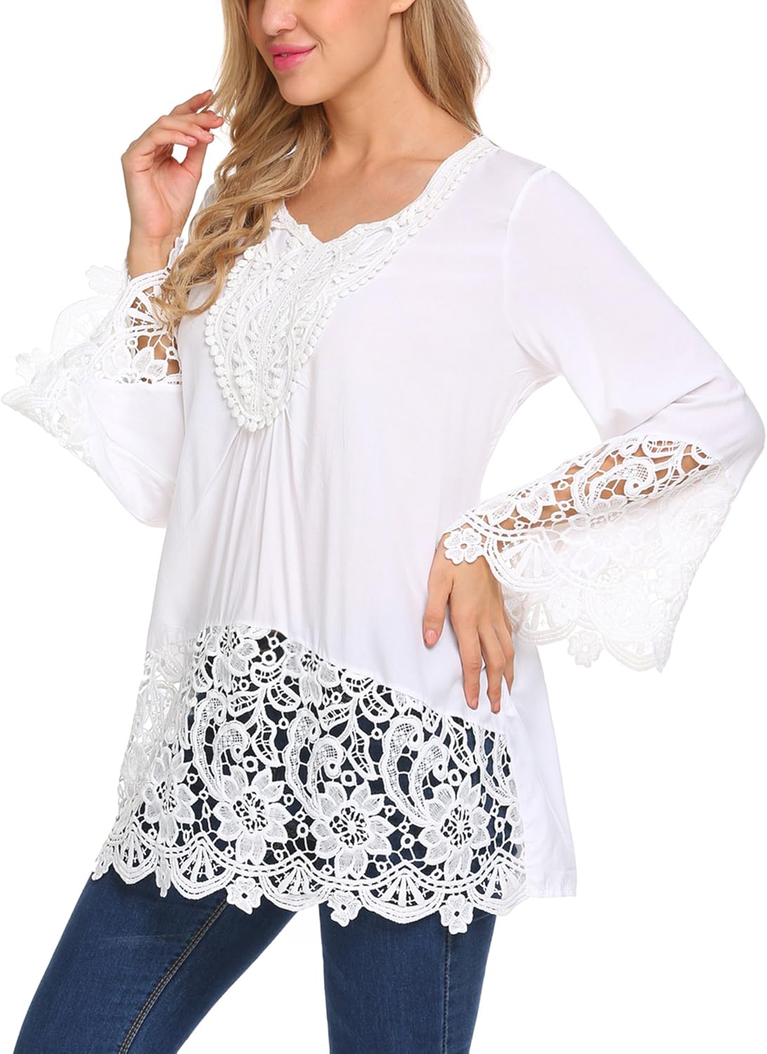 SoTeer Womens Casual V Neck Loose Top Flare Sleeve Lace Splice Blouse Shirt Tops S-XXL: Clothing