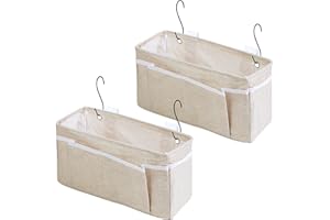 Muximud Bedside Caddy Bedside Storage Organizer, 2 Pack Wall Hanging Storage Bag for Bunk bed Hospital Beds Dorm Bed Rails, Holders Books Glasses Phones Magazine(Beige)