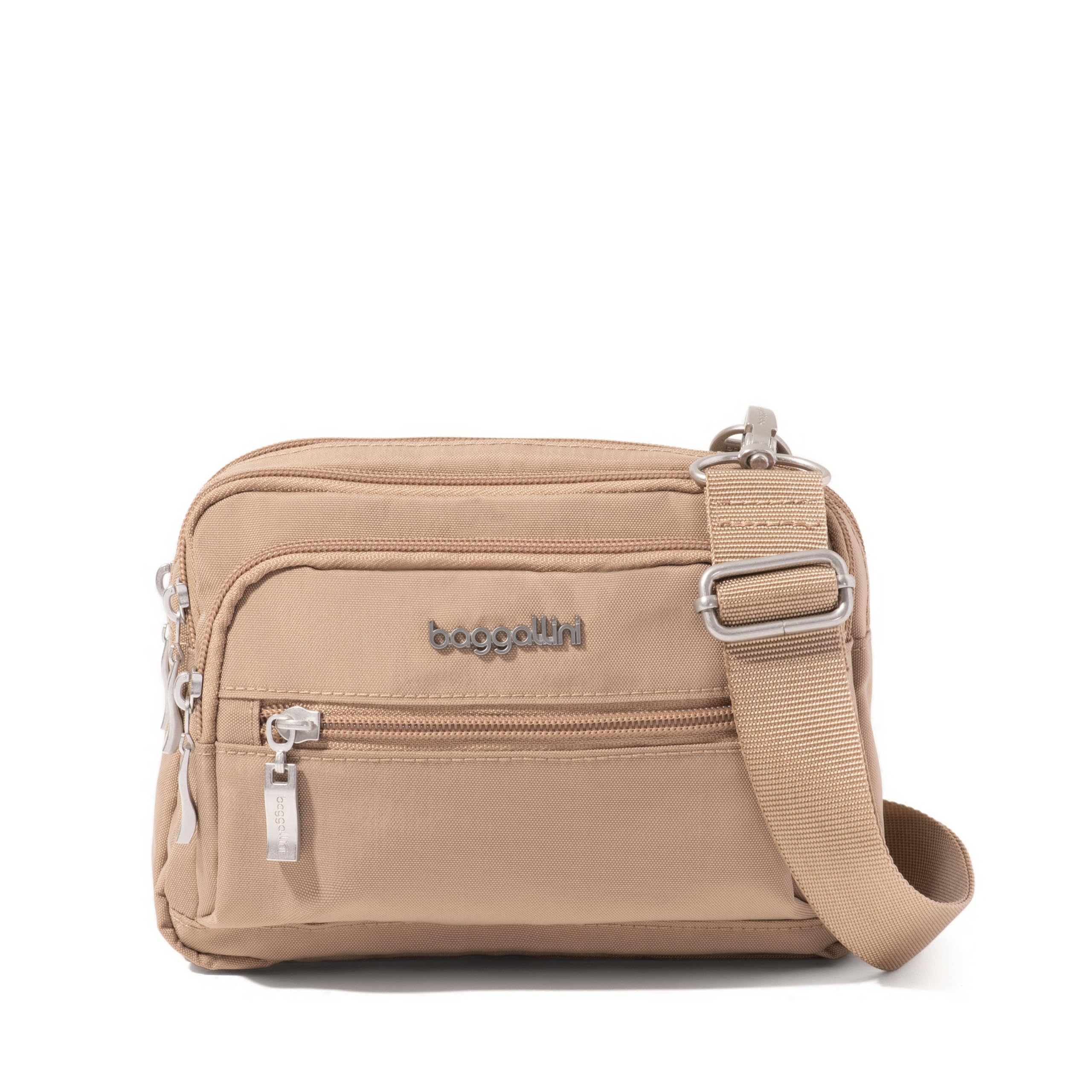 Baggallini Triple Zip Small Crossbody Bag with Wide Strap - 8x6 inch Convertible Fanny Pack Belt Bag Image