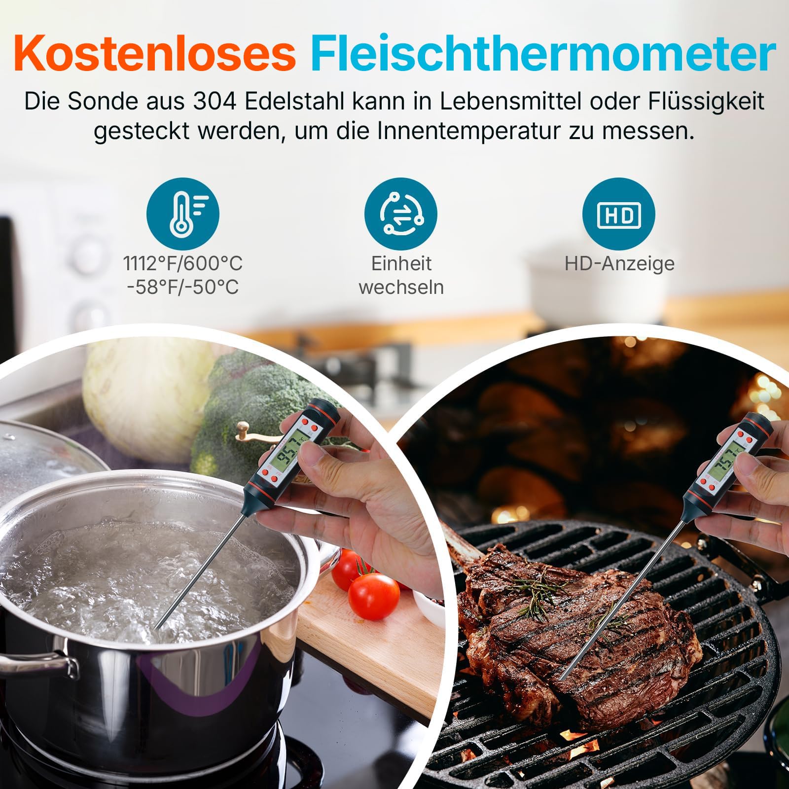 Tilswall Infrarot Thermometer(nicht für Menschen) -50°C bis 600°C IR Digital Laser Temperaturmessgerät für Kochen/Barbecue/Pizza Oven/Gefrierschrank/Industrie (Fleischthermometer inklusive) 4