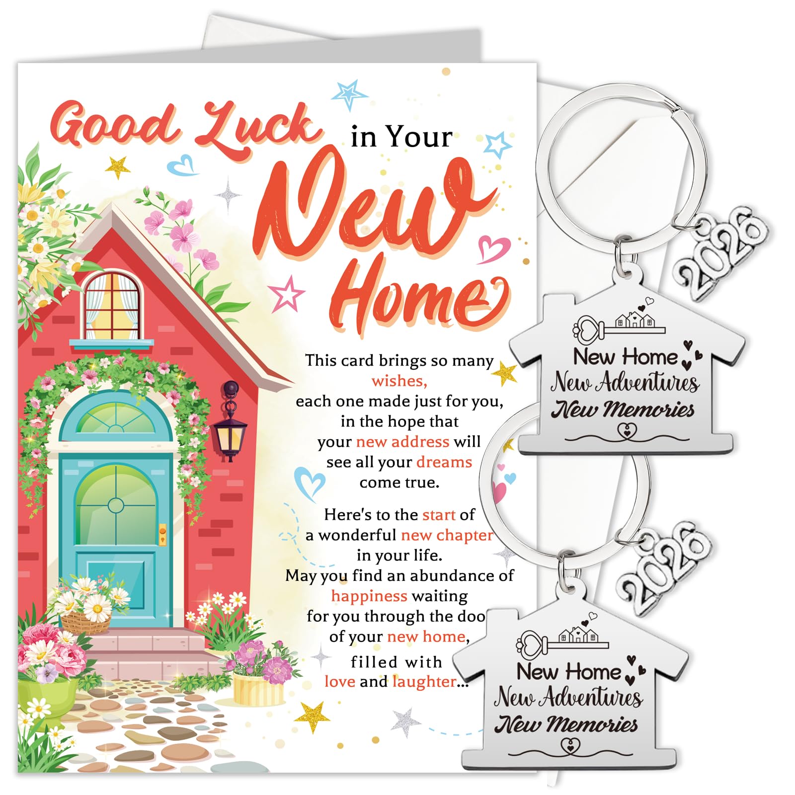 HOWAF New Home Gifts, Good Luck in Your New Home Card, with 2 Keyrings, Housewarming House Warming Gifts for Friends Couples and Family