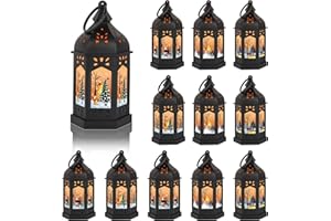 LLQ 12Pcs Christmas Decorations Mini Lanterns with Xmas Pattern & Flicker LED Candles, Vintage Christmas Centerpieces, Black Lantern Decorative, Small Candle Holder for Holiday Party Table, Ornaments