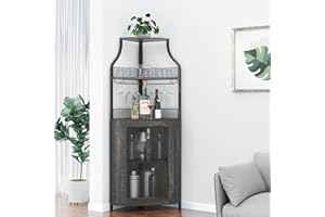 TrailBlaze Freestanding Corner Wine Bar Cabinet – Detachable Wine Rack, Glass Holder, Mesh Door, Large Storage Sideboard Buff