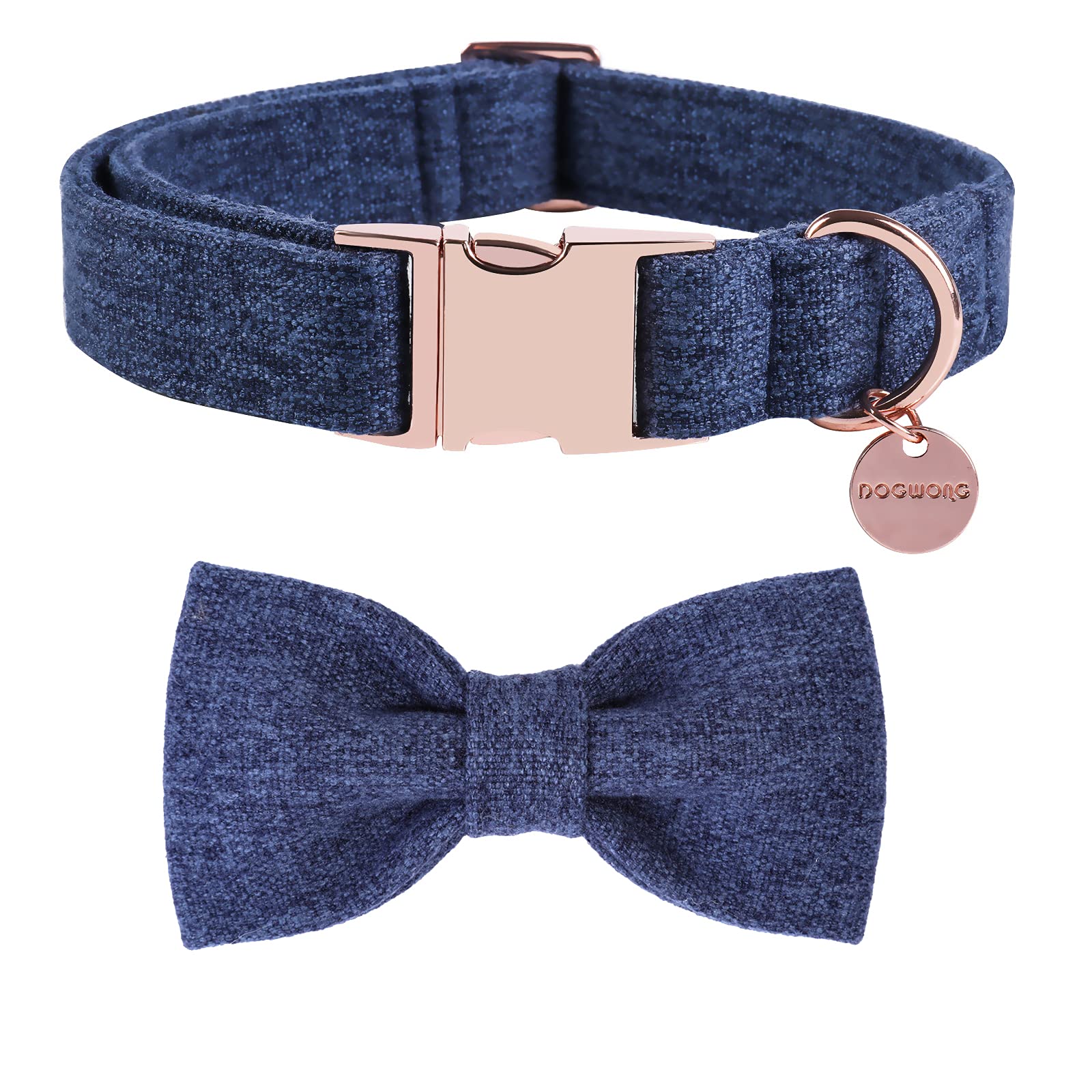 DOGWONG Cotton Dog Collar with Bow Deep Blue Pet Collar Durable Adjustable Puppy Collar