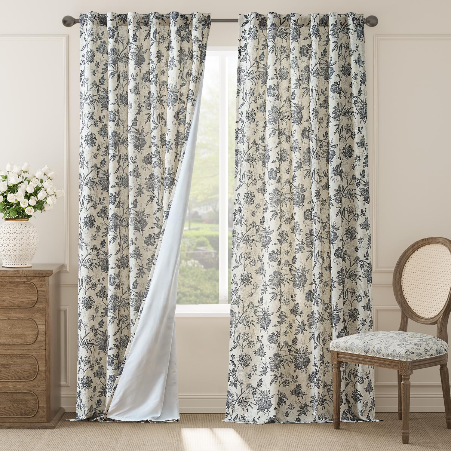 Photo 1 of jinchan Lined Linen Floral Curtains for Living Room, 96 Inch Length Printed Flower Farmhouse Patterned French Country Back Tab Black Window Drapes Set Privacy Bedroom Curtains, 2 Panels