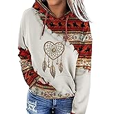Lanaoree Women's Geometric Horse Print Aztec Hoodie Pullover Cowgirl Western Hooded Sweatshirt S-2XL