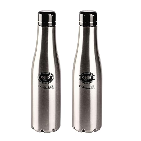 Cello Oxy Stainless Steel Bottle Set, 1 Litre, Set of 2, Silver