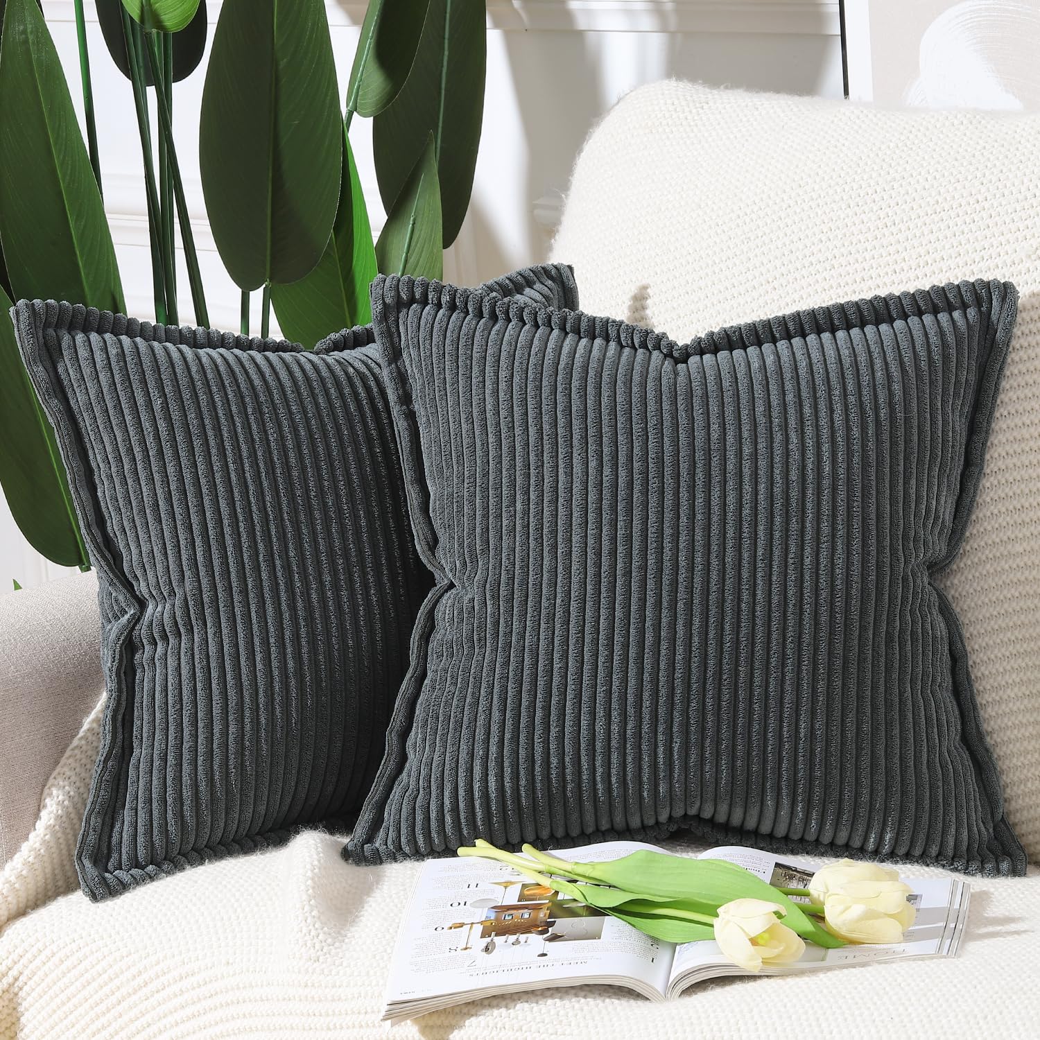 Madizz Dark Grey Corduroy Cushion Covers with Fringe Edge 20x20 inch, 50x50 cm, Set of 2 Soft Boho Striped Pillow Covers Broadside Decorative Textured Throw Pillows for Sofa Bedroom Pillow Shell