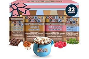 DOUBLE DONUT COFFEE Gourmet Hot Cocoa Mix Variety Pack - Classic, Chocolate Raspberry, Salted Caramel, & Peppermint Hot Chocolate Mix Sets - 32 Count