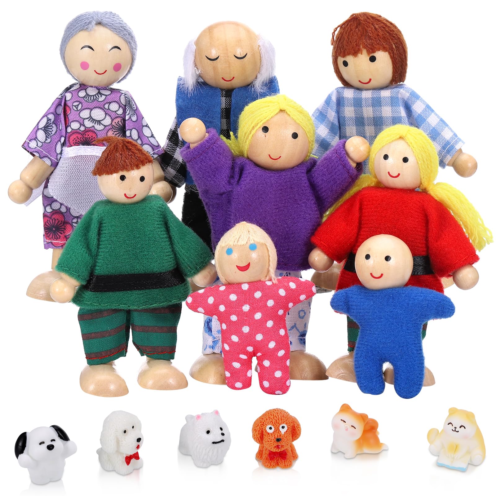 Zocipro Dolls House People of 8 with 6 Pets, Wooden Family Doll Toys with Cat and Dog Doll, Mini People Figures Dolls Playset for Dollhouse Accessories Girls Kids Pretend Toy Gift