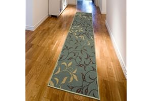 OTTOMANSON Machine Washable Leaves Design Non-Slip Rubberback 3x10 Traditional Runner Rug for Hallway, Kitchen, Bedroom, Living Room, 2'7" x 9'10", Seafoam Green