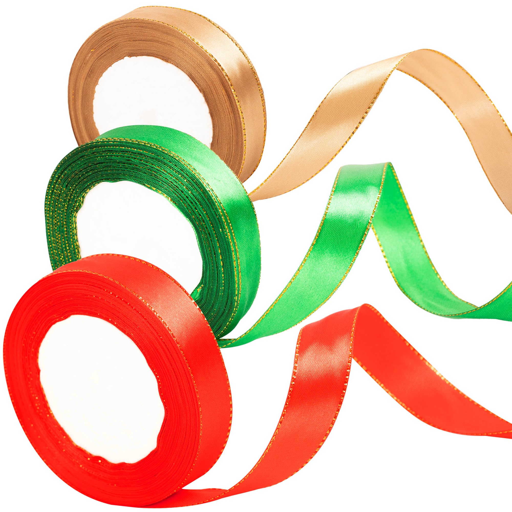 3Rolls 22m x 20mm Wide Gold Red and Green Ribbon Thick Christmas Ribbon for Gift Wrapping, 4/5 inch Gold Red and Green Satin Ribbon for Christmas Cake Xmas Present Wrapping Hair Bow Crafts Decorations