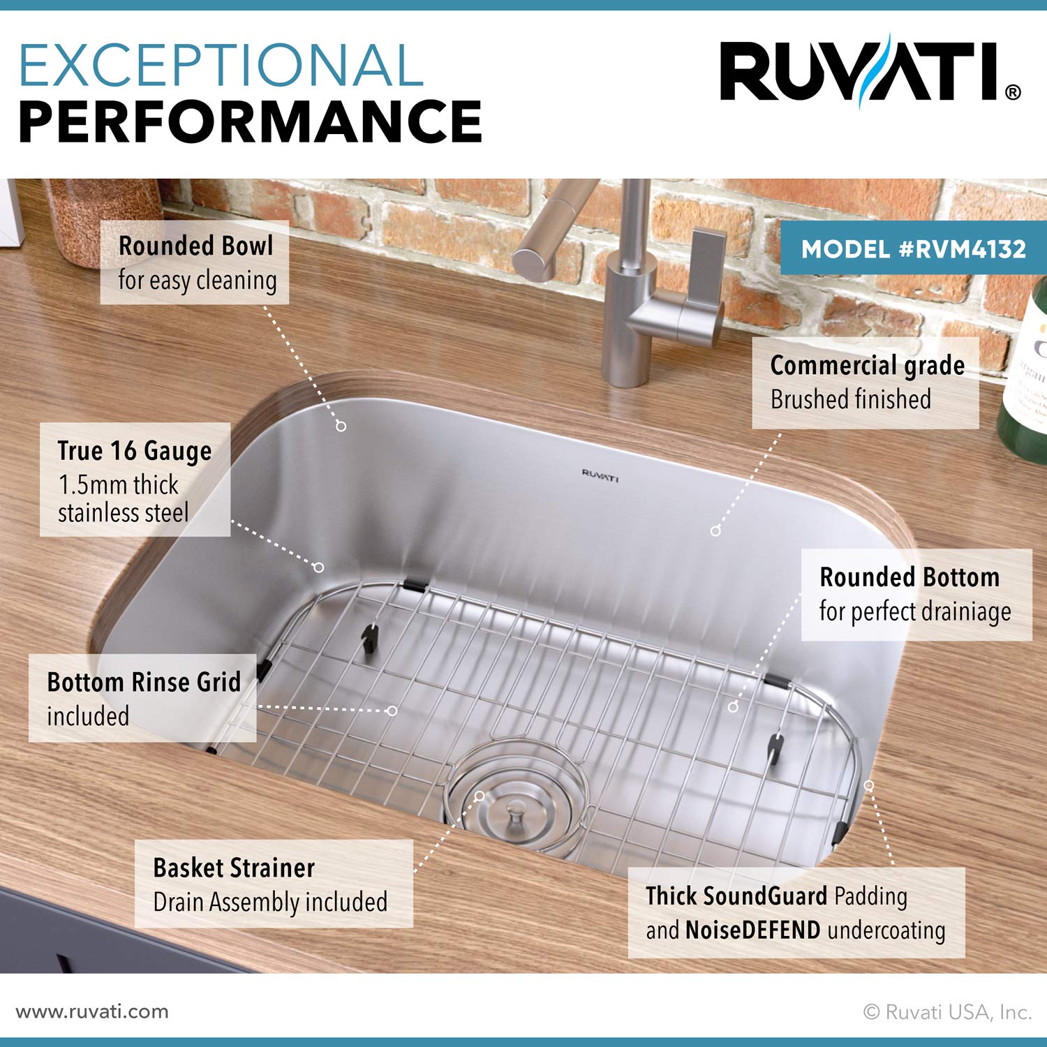 Ruvati RVM4132 Undermount 16 Gauge 24" Kitchen Single Bowl Sink, Stainless Steel