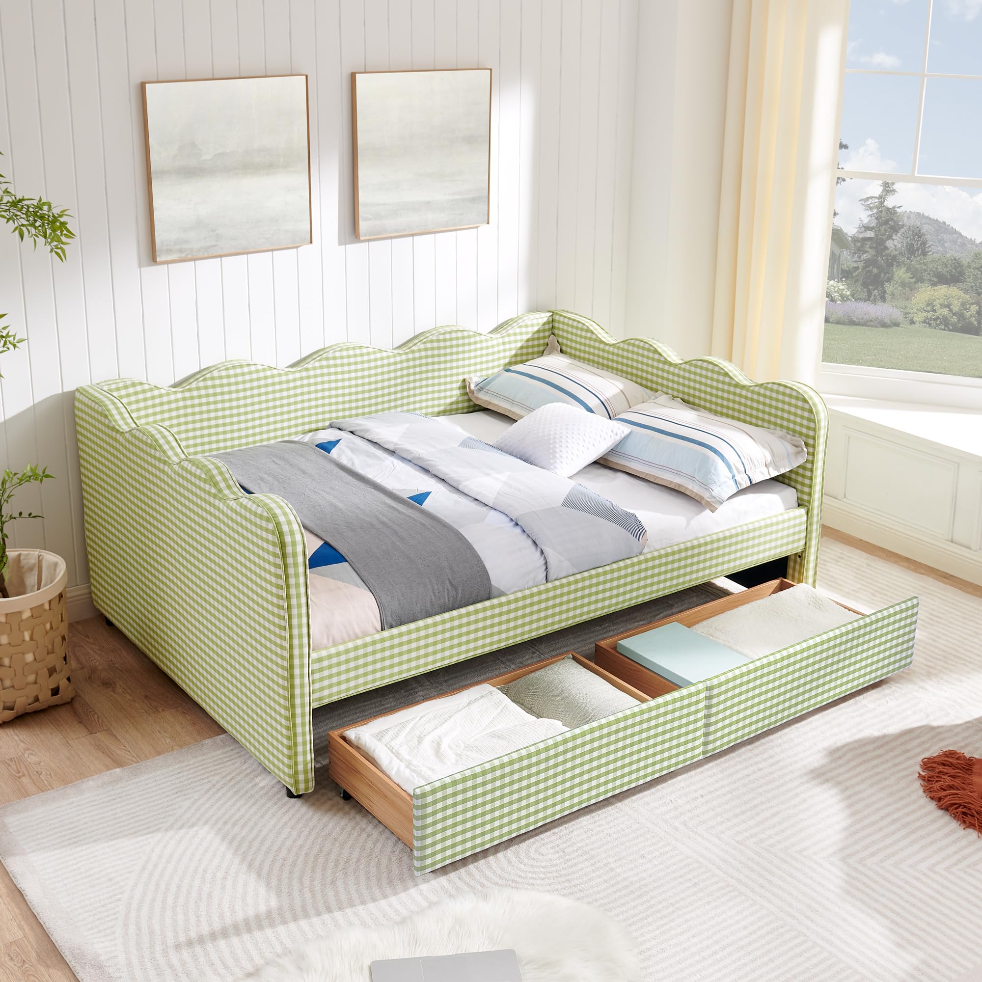Photo 1 of *PARTIAL SET*
KEIKI Full Size Upholstery Gingham Daybed with 2 Storage Drawers and USB, Modern Style Adorable Wave Shaped Linen Sofa Bed, Easy Assembly, No Box Spring Required, for Living Room and Bedroom, Green