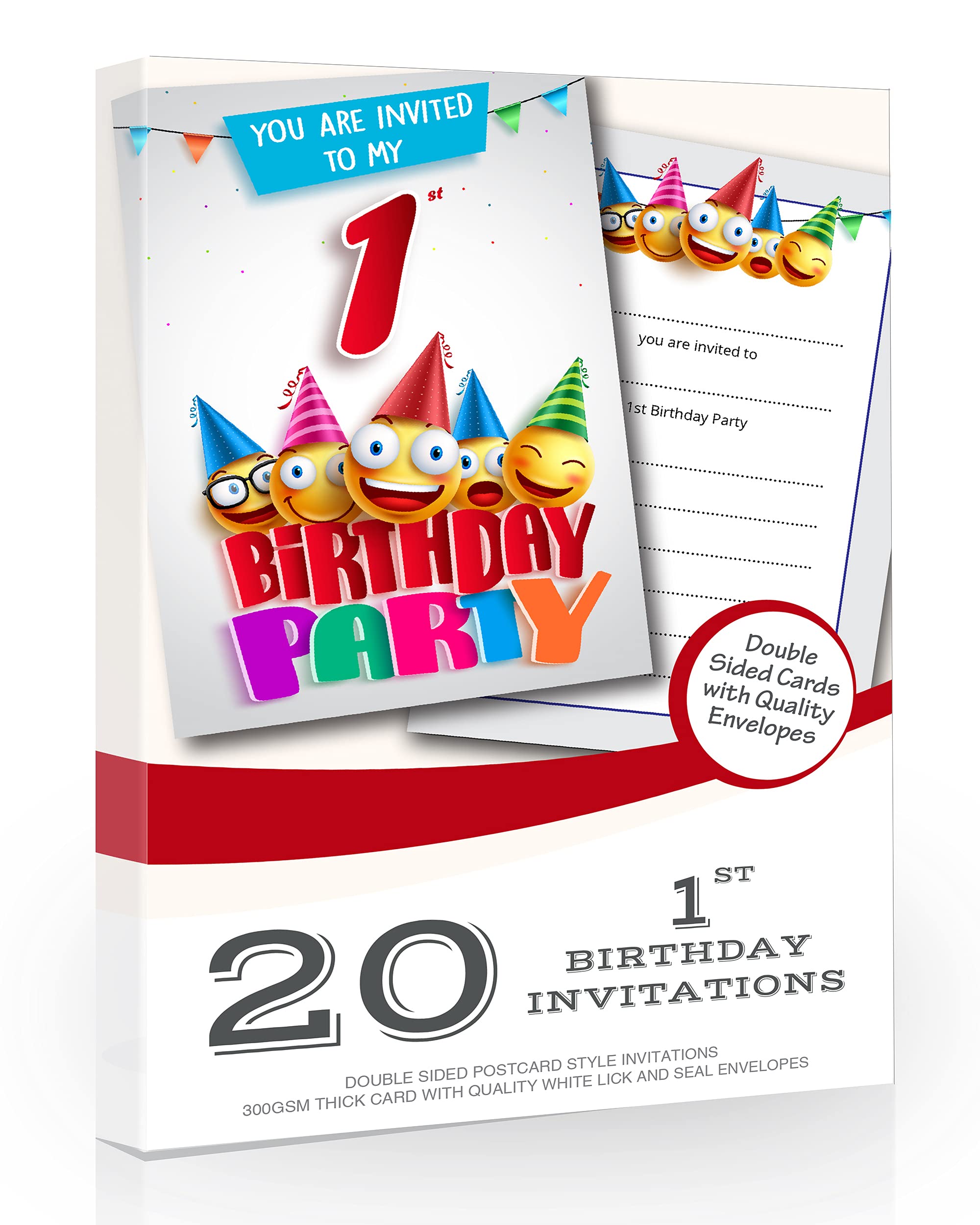 Olivia Samuel 20 x 1st Birthday Party Invites from Cartoon Style - Ready to Write with Envelopes