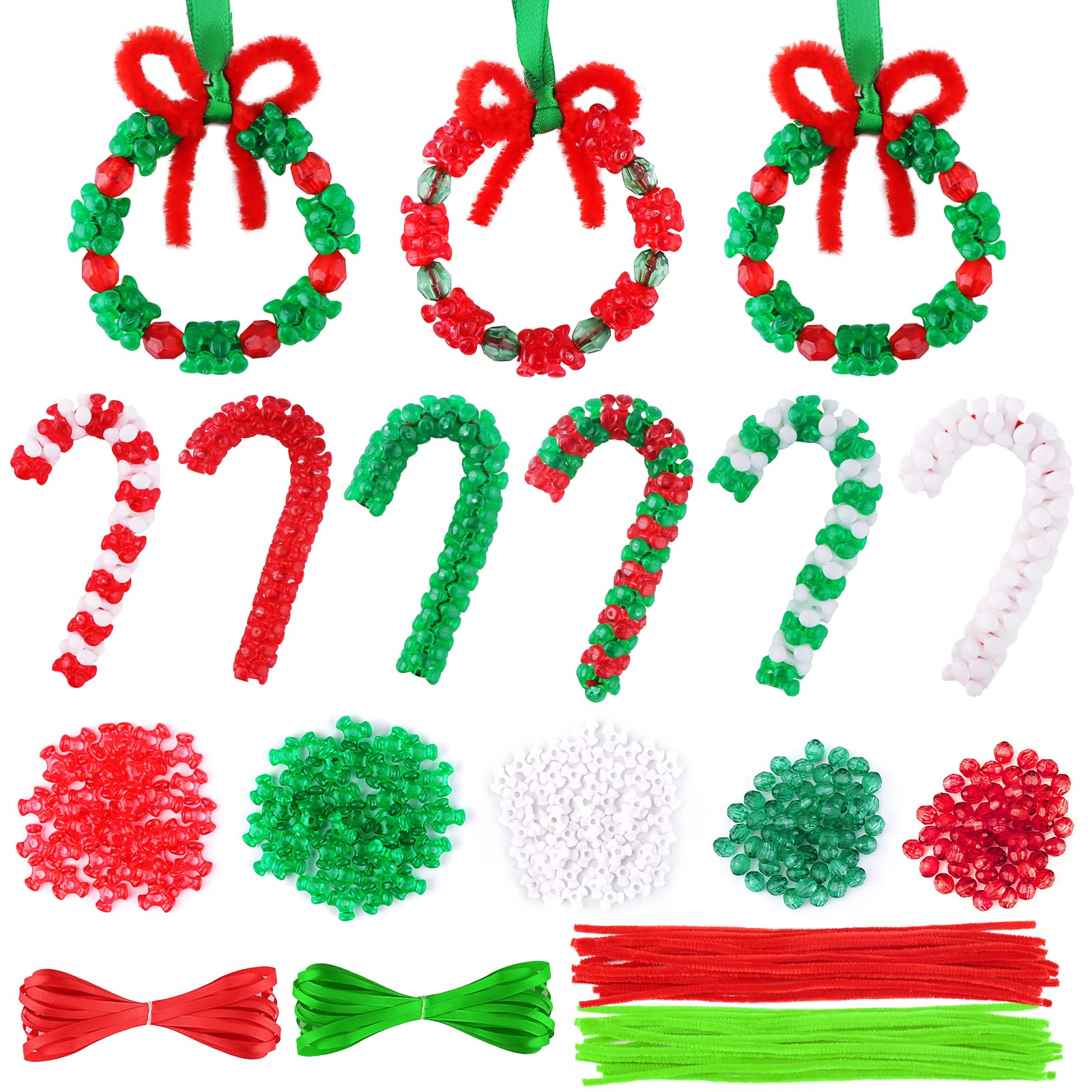 2462 PCS Christmas Beaded Ornament Kit, Kalolary Xmas Craft Wreath Candy Cane Christmas Triangle Beads DIY Beads Chenille Stems and Ribbons for Christmas Tree Hanging Decoration Holiday Party Supplies